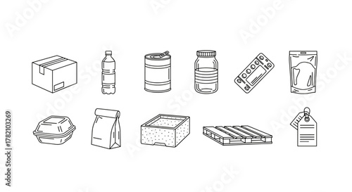 A clean and modern line icon set showcasing various packaging types, including boxes, bottles, cans, jars, blister packs, pouches, food containers, paper bags, crates, pallets, and tags, presented on