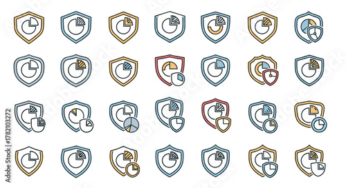 Collection of diverse shield icons featuring pie charts and clocks, symbolizing data security, financial protection, and time management, presented in a vibrant, cartoonish vector illustration style