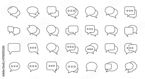 A collection of diverse outline speech bubble icons, perfect for graphic and web design, apps, adverts, and various cards. This vector cartoon illustration features a white background and an ordered