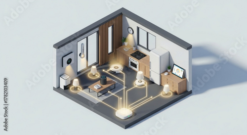 Isometric illustration of a smart home with connected devices, showcasing the convenience and efficiency of modern technology in daily life