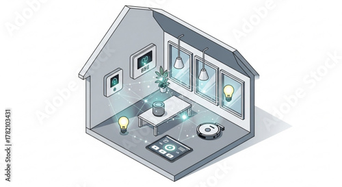 Isometric illustration of a smart home with connected devices, showcasing the convenience and efficiency of modern technology in daily life