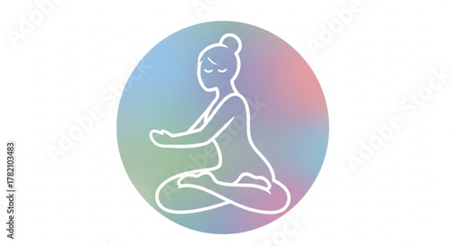 Woman in lotus position meditating with eyes closed on a colorful circle, promoting mindfulness and relaxation