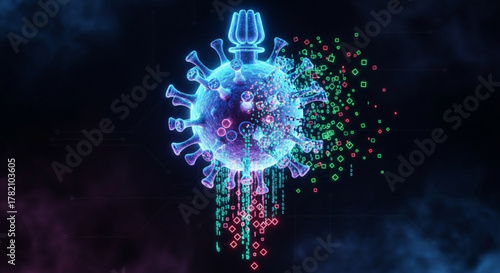 3d rendering of a coronavirus particle disintegrating into digital data, representing the end of the pandemic and the defeat of the virus