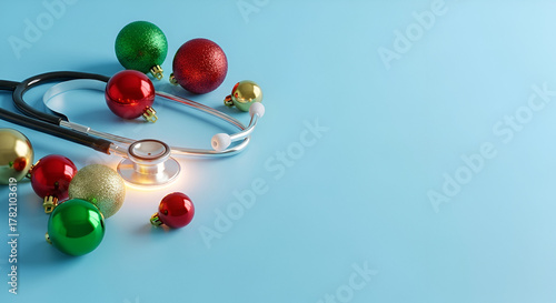 Stethoscope heart with Christmas balls, symbolizing medical Christmas greeting and healthcare holiday theme.