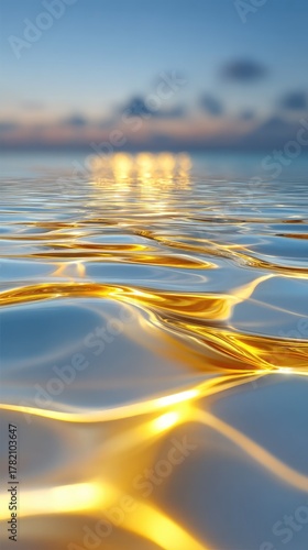 Golden Ocean Waves Reflecting Sunset Sky With Soft Clouds Over Calm Sea Water Creating A Serene And Peaceful Atmosphere