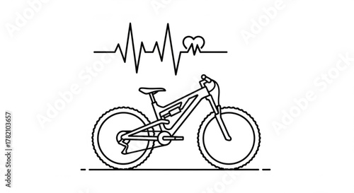 Mountain bike with heart rate line, symbolizing the health benefits of cycling and outdoor activities