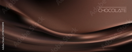 Trendy chocolate wavy silk gradient. Swirl liquid dark brown pattern. Grainy film effect texture. Creamy chocolate flowing design for confectionery packaging or dessert menu