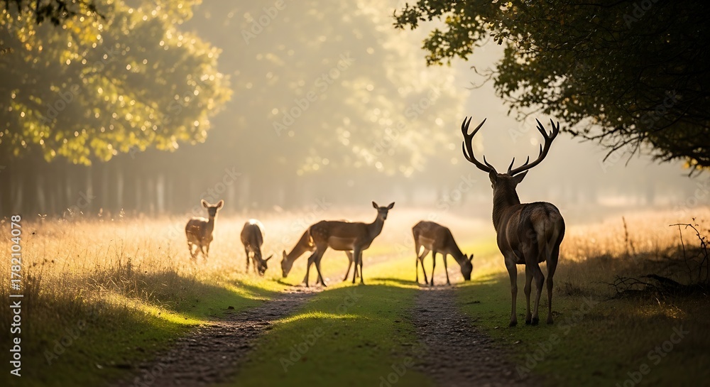 Naklejka premium Majestic deer grazing in a sunlit forest clearing, serene nature scene.
