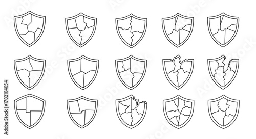 Set of 15 cracked shield symbols, drawn with thin lines, presented as vector cartoon illustrations on a white background. This ordered collection features various stages of shield damage, from minor
