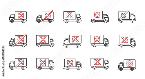 Set of modern outline style icons featuring delivery trucks with a red cross mark, symbolizing prohibition, restriction, or cancellation, presented on a clean white background for versatile design
