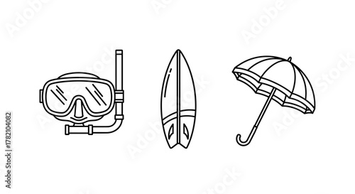 Collection of outline vector icons representing summer and beach activities, including a diving mask and snorkel, a surfboard, and an umbrella, perfect for graphic design, web elements, app icons