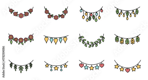 Set of 12 cartoon garland illustrations on a white background, featuring various decorative elements like flowers, leaves, teardrops, light bulbs, stars, and hearts, perfect for web, books, cards