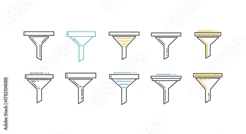 Collection of minimalistic linear funnel icons in various colors including blue and yellow, set against a clean white background, perfect for web design, graphic design, app interfaces, banners