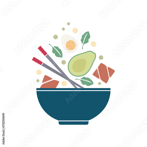 A poke bowl featuring light, balanced, healthy sports-style food — Asian cuisine with salmon, fresh vegetables, egg, avocado, and chopsticks floating upward.