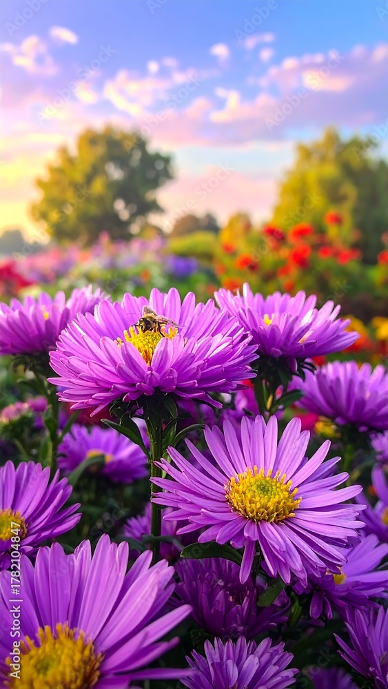Obraz premium Close-up of vibrant purple flowers with a bee, set against a colorful sunrise