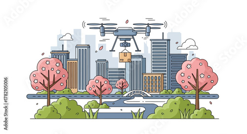 Futuristic autonomous drone delivery service quadcopter carrying a package over a green city park with skyscrapers