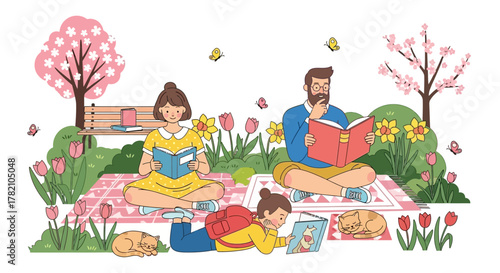 Family Reading in Spring Park Enjoying books outdoors amidst blooming flowers and butterflies on a peaceful day