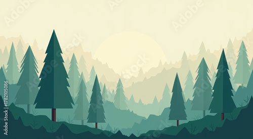 Forest with trees and a sun in the background