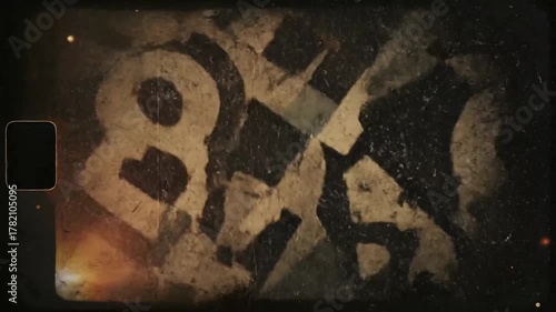 Grungy Old Film Reel with Fast Flickering Abstract Text and Vintage Damage Overlay
