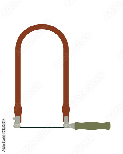 Vector illustration of a traditional coping saw featuring a wooden handle and metal blade. Ideal for woodworking, this tool is commonly used for intricate cuts and shaping.