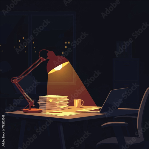 A dimly lit office scene at night, featuring a desk with a lamp and laptop.