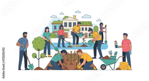 Diverse community members cultivate an urban garden, planting trees and fresh produce to foster environmental sustainability and neighborhood cooperation