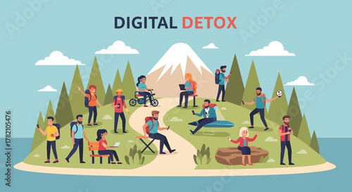 Satirical illustration of a group of people failing their digital detox, addicted to technology while in a natural mountain landscape