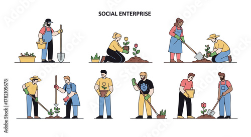 Diverse individuals actively engaged in planting, cultivating, and nurturing plants, symbolizing sustainable living, community gardening, and environmental care initiatives