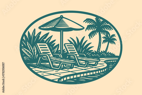 Beach umbrella and loungers by pool, vintage engraving vector