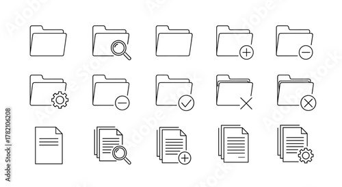 Set of flat line icons representing folders and documents, featuring search, add, delete, settings, checkmark, and cross symbols, ideal for website and application interfaces with editable strokes