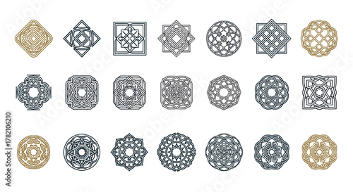 Collection of 21 abstract luxury geometric patterns and ornaments, presented as vector cartoon illustrations on a clean white background, featuring ordered line icons with intricate designs and