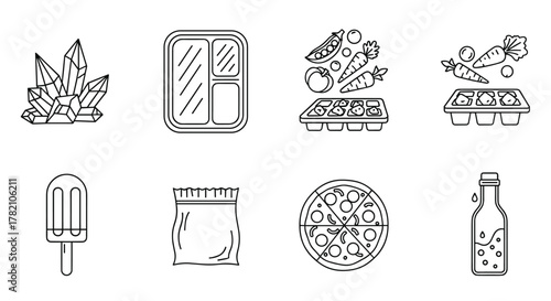 Set of outline vector icons representing frozen food and related items, including ice crystals, a frozen meal tray, frozen vegetables in a tray, an ice cube tray, a popsicle, a freezer bag, a frozen