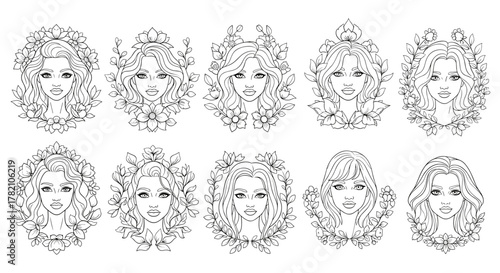 Set of 10 elegant line art illustrations featuring beautiful woman faces adorned with intricate floral wreaths and botanical elements, presented on a clean white background, perfect for beauty