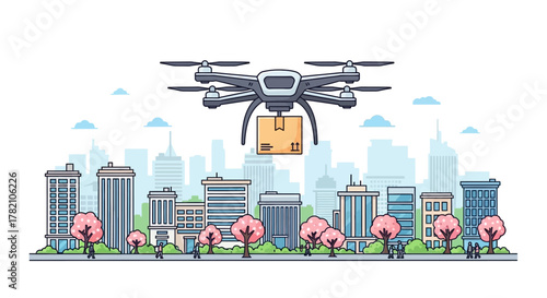 Drone Delivering Package Over Cityscape - Modern Delivery Technology Illustration