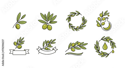 Set of eight stylized olive branch illustrations with olives, including decorative elements like ribbons, a flask, and a drop of oil, perfect for branding and design on a clean white background.