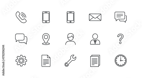 Collection of clean, minimalist line art icons representing essential communication and business functions, including phone, mobile, email, chat bubbles, location pin, user profiles, question mark