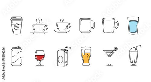 A diverse collection of line art beverage icons, featuring a to-go coffee cup, steaming espresso, mugs, a glass of water, soda can, wine glass, juice box, beer, cocktail, and milkshake, perfect for