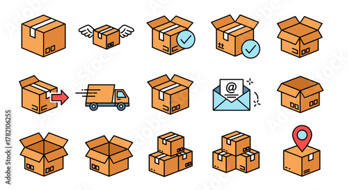 Set of vector cartoon illustrations depicting various aspects of postal and delivery services, including closed and open boxes, a delivery truck, a flying box, an email icon, stacked packages, and a