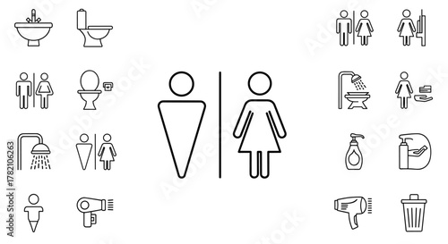Collection of black and white restroom icons on a white background, featuring male and female symbols, sinks, toilets, showers, soap dispensers, hairdryers, and trash cans, ideal for signage and web