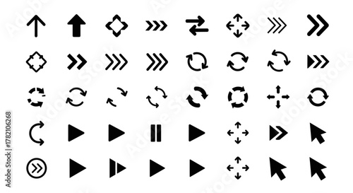 Collection of modern, simple, black arrow icons and cursor icons, including directional arrows, rotation arrows, play and pause symbols, and expand/collapse icons, presented in a clean vector