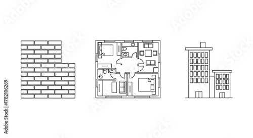 Set of three minimalist line icons representing architectural elements: a brick wall, a detailed floor plan of an apartment with furniture, and a modern building facade with multiple windows, perfect