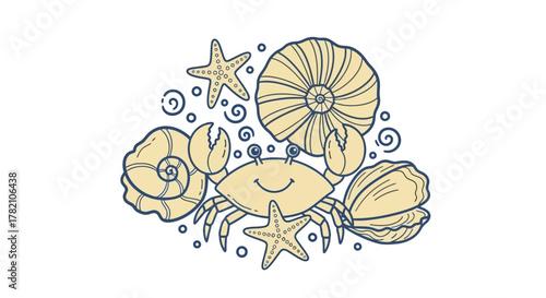 Summer Beach Vacation Blue Icons of Sea, Sun, and Tropical Elements