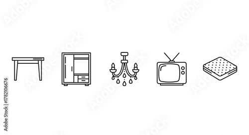 A curated collection of five essential home furnishing line icons, including a minimalist table, a functional closet, an elegant chandelier, a retro television set, and a comfortable mattress, all
