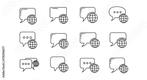 Collection of twelve vector speech bubble icons, each paired with a stylized globe pictogram. These thin-line illustrations depict global communication, international messaging, and worldwide