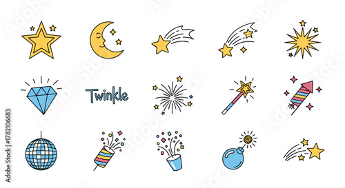 Collection of festive and celebratory thin line icons featuring sparkling stars, a crescent moon with a face, shooting stars, fireworks, a magic wand, a diamond, a disco ball, party poppers, and a