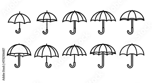 Collection of ten identical black outline umbrella and parasol icons arranged in two rows of five on a clean white background, perfect for graphic design, app icons, and weather-related themes