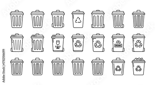 Collection of thin line icons representing various trash cans and recycling bins, suitable for web, books, cards, and apps. This editable stroke vector illustration features different designs