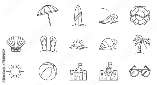 A charming collection of hand-drawn line art icons representing a quintessential summer beach vacation, featuring an umbrella, surfboard, waves, lifebuoy, seashell, palm tree, flip-flops, sun, beach