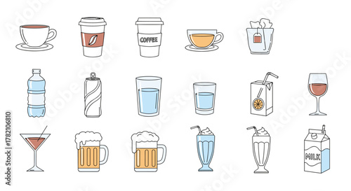 A diverse collection of 15 beverage line icons, featuring coffee cups, tea, water bottles, soda cans, juice boxes, wine glasses, beer mugs, milk cartons, and milkshakes, all rendered in a clean