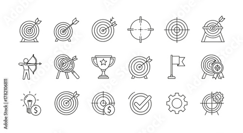Collection of outline icons representing goals, targets, and achievements, including archery, bullseye, trophy, flag, lightbulb with dollar sign, gears, and checkmark, perfect for business, strategy